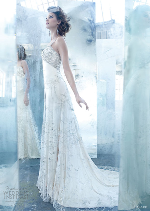 lazaro bridal spring 2013 silk charmeuse a line gown embroidered overlay jeweled empire shoulder straps lz 3307