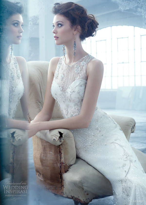 lazaro spring 2013 bridal beaded embroidered soft a line net gown illusion keyhole back lz3302