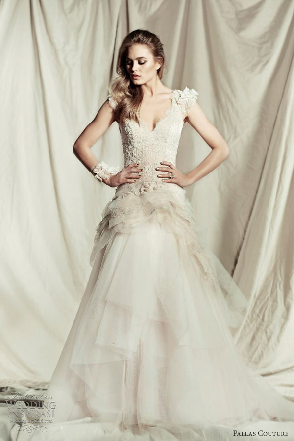 pallas couture 2013 bridal lyzabeth wedding dress straps cap sleeves