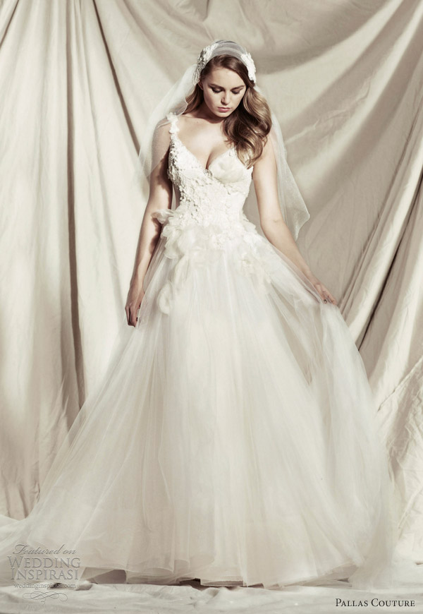 pallas couture 2013 princess amorina sleeveless wedding dress floral straps