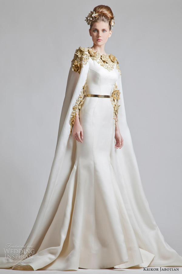 krikor jabotian 2013 cape gown wedding dress gold accents