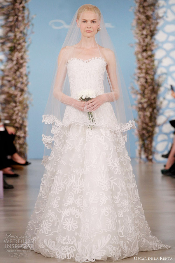 Oscar de la Renta de casamento vestidos de noiva 2014 tafetá de seda floral filigrana bordado vestido querida tule
