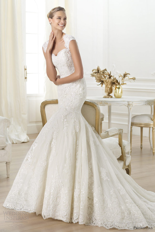 pronovias 2014 costura letha lace fit flare mermaid cap sleeves