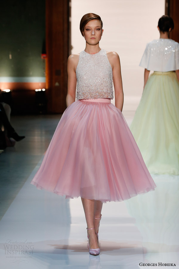 georges hobeika couture spring 2014 pale pink tea length skirt beaded top