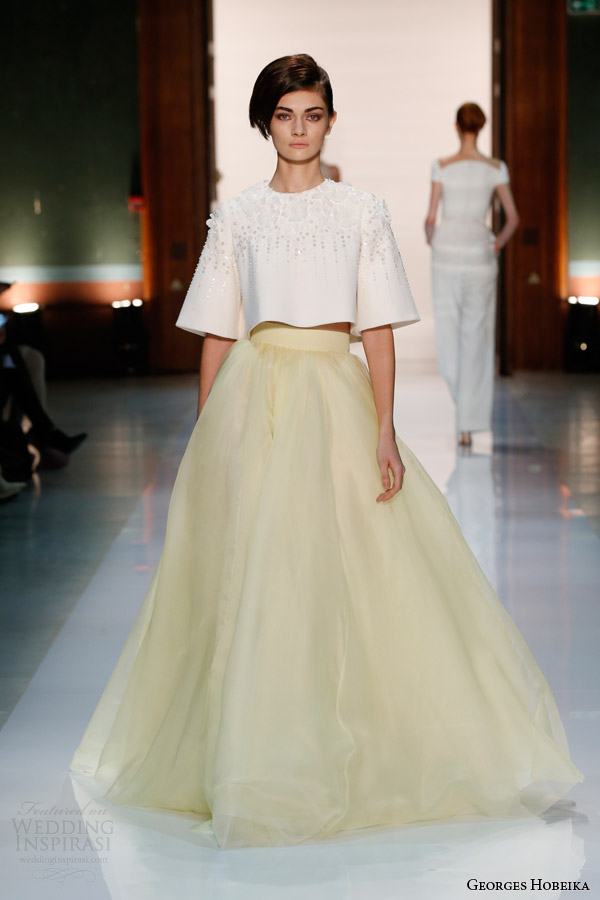 georges hobeika couture spring 2014 pale yellow half sleee beaded top