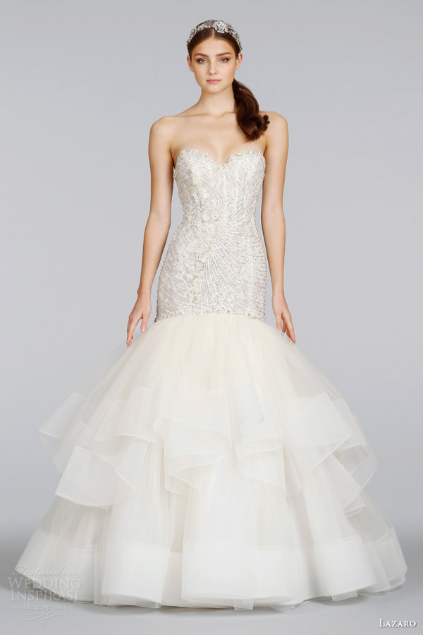 lazaro 2014 bridal champagne beaded embroidered strapless fit flare wedding dress style 3410