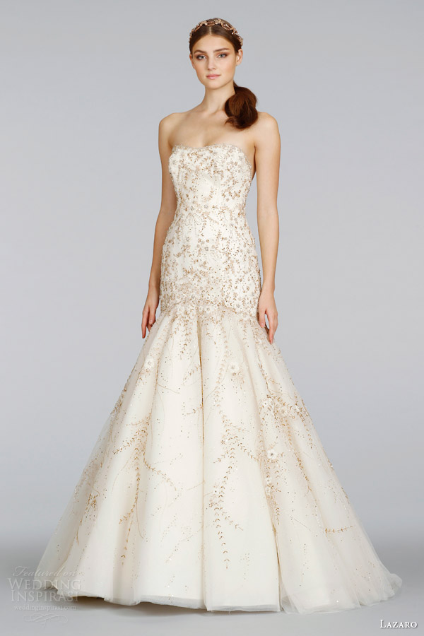 lazaro spring 2014 bridal strapless fit and flare gold wedding dress style lz 3409