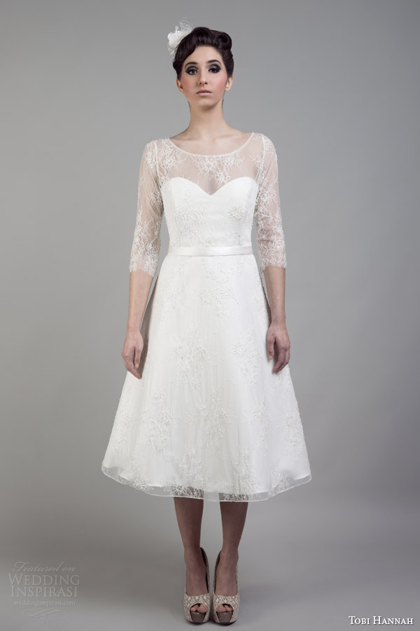 tobi hannah bridal 2015 short wedding dress lace sleeves neckline ...