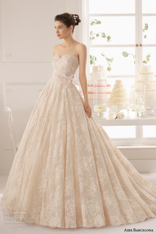 aire barcelona 2015 azuzena strapless champagne colored lace wedding dress