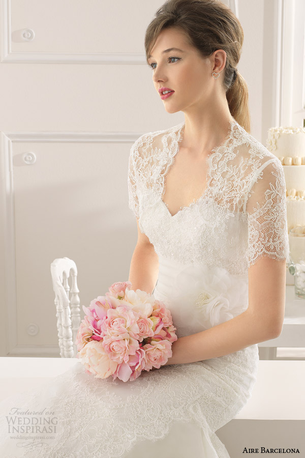 aire barcelona 2015 bridal amapola strapless lace wedding dress short sleeve lace jacket