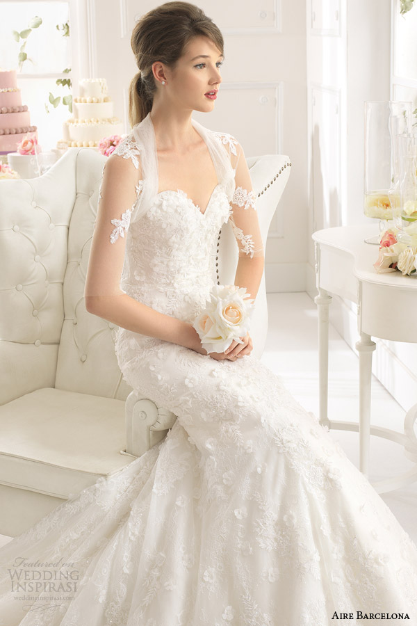 aire barcelona 2015 bridal america strapless sweetheart wedding dress sheer tulle jacket