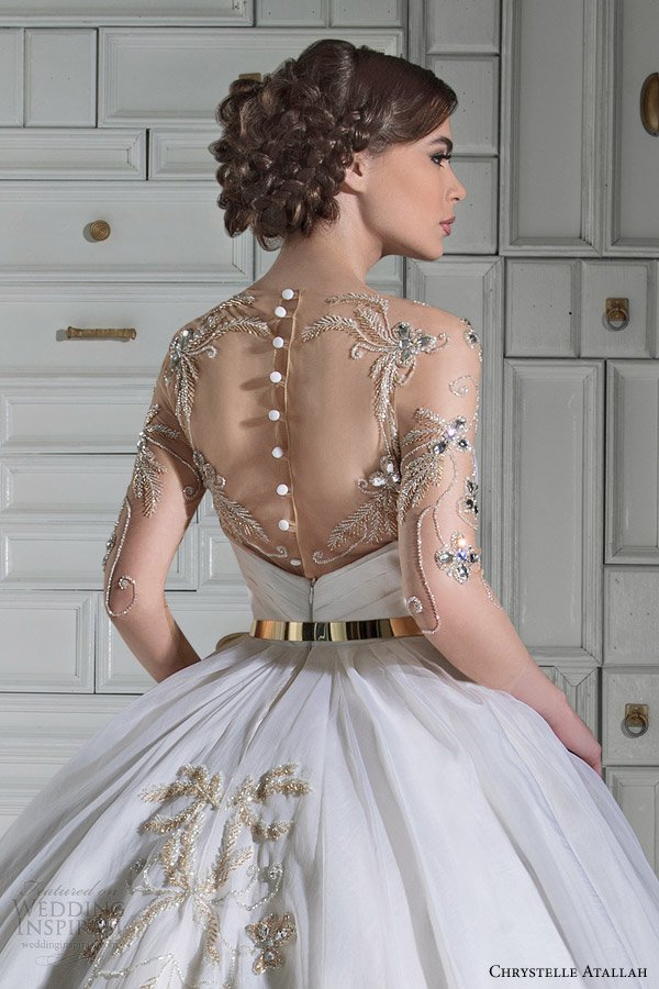 chrystelle atallah bridal spring 2014 ball gown wedding dress illusion sleeves overskirt back view close up