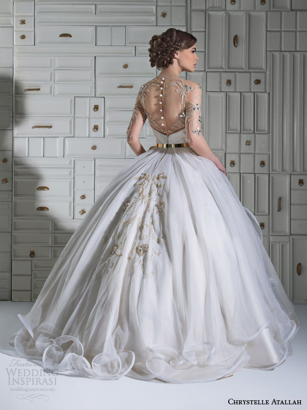chrystelle atallah bridal spring 2014 ball gown wedding dress illusion sleeves overskirt back view