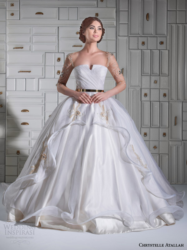 chrystelle atallah bridal spring 2014 ball gown wedding dress illusion sleeves overskirt