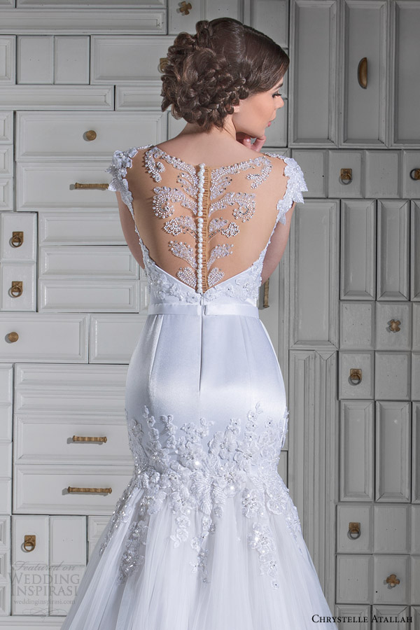 chrystelle atallah bridal spring 2014 cap sleeve mermaid wedidng dress illusion neckline back view close up