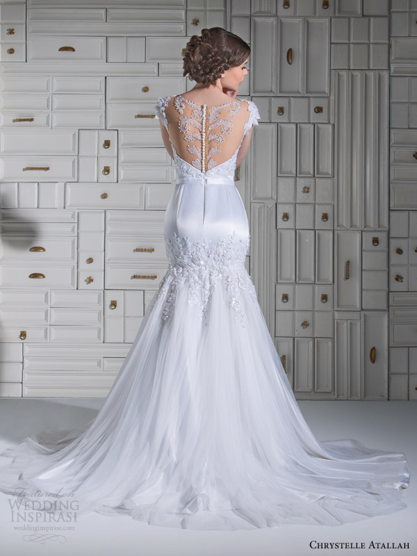 chrystelle atallah bridal spring 2014 cap sleeve mermaid wedidng dress illusion neckline back view