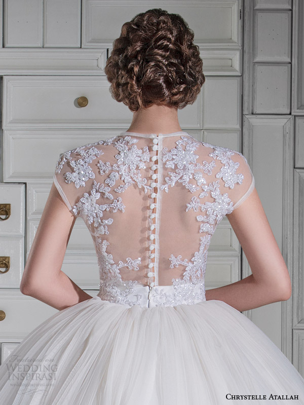 chrystelle atallah spring 2014 illusion cap sleeve princess ball gown wedding dress back view close up