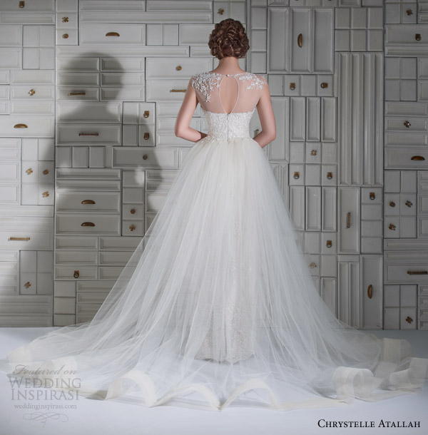 chrystelle atallah wedding dresses spring 2014 illusion cap sleeve wedding dress tulle overlay skirt back view