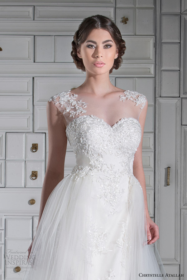chrystelle atallah wedding dresses spring 2014 illusion cap sleeve wedding dress tulle overlay skirt close up
