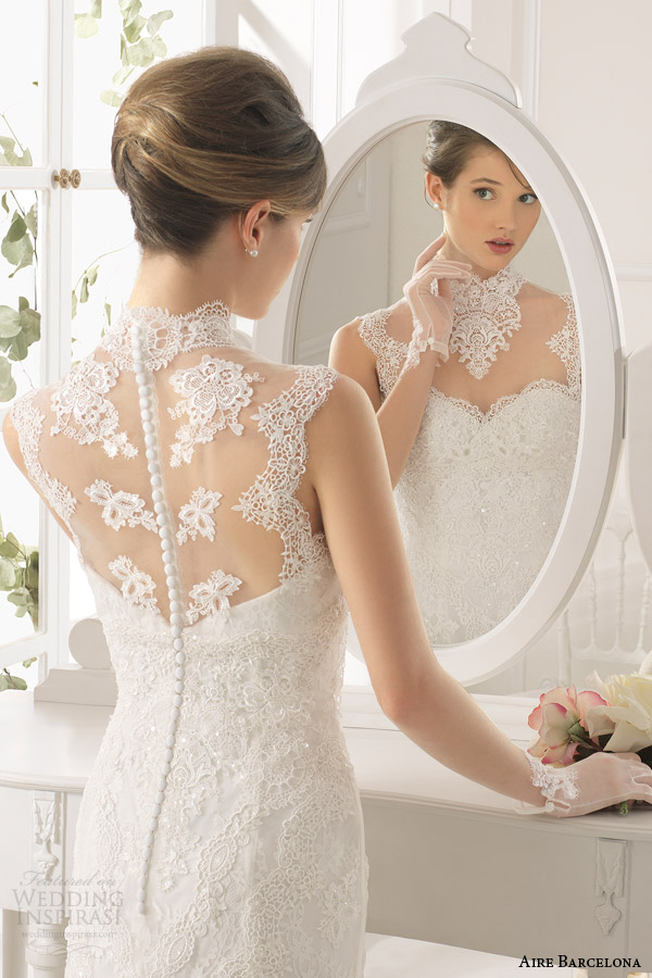 aire barcelona bridal 2015 amarile sleeveless illusion high neckline sheath wedding dress