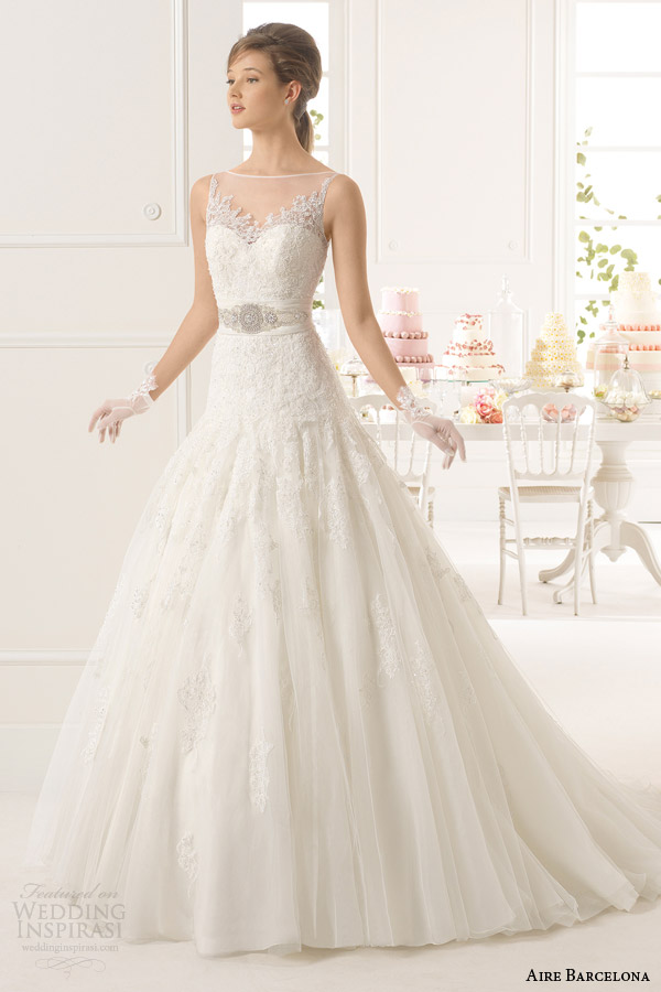 aire barcelona bridal 2015 azahar fit and flare wedding dress illusion sleeveless neckline