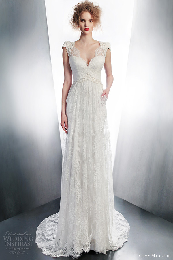 gemy maalouf 2015 bridal cap sleeve lace wedding dress scalloped v neckline pocket style 4140