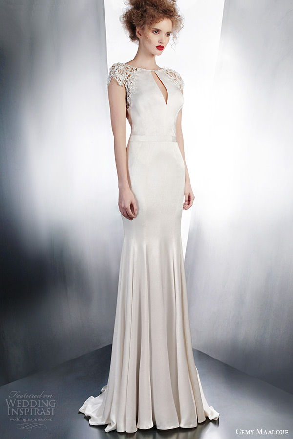 gemy maalouf 2015 bridal fall winter cap sleeve sheath wedding dress split neckline style 4137