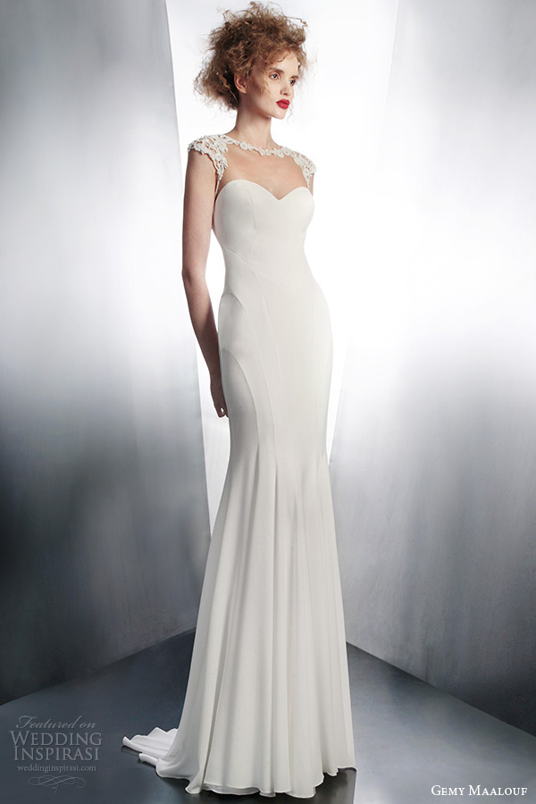 gemy maalouf 2015 bridal illusion cap sleeve sheath wedding dress style 4143
