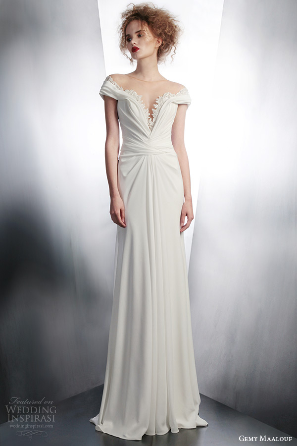 gemy maalouf 2015 bridal short sleeve illusion neckline wedding dress style 4146