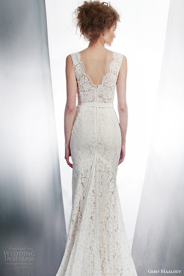 gemy maalouf 2015 bridal sleeveless lace sheath wedding dress with pockets style 4139 back view