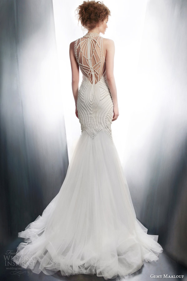 gemy maalouf 2015 bridal sleeveless sheath wedding dress art deco beading style 4195 back view train