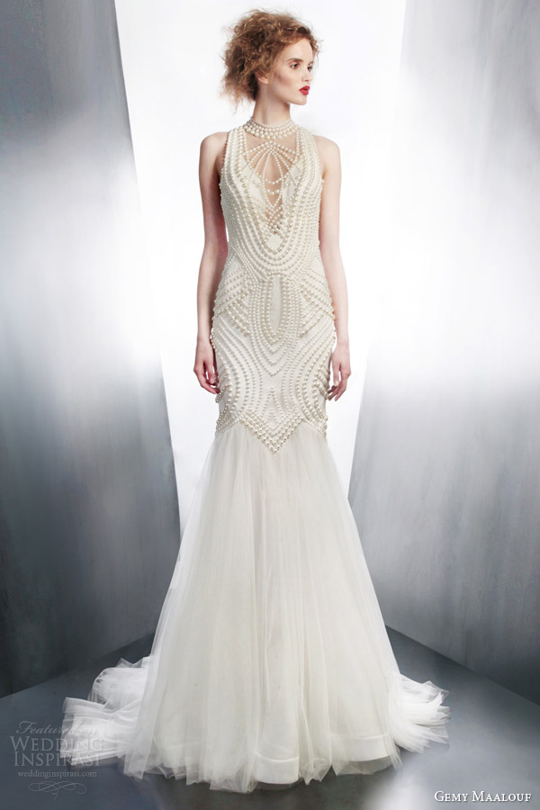 gemy maalouf 2015 bridal sleeveless sheath wedding dress art deco beading style 4195