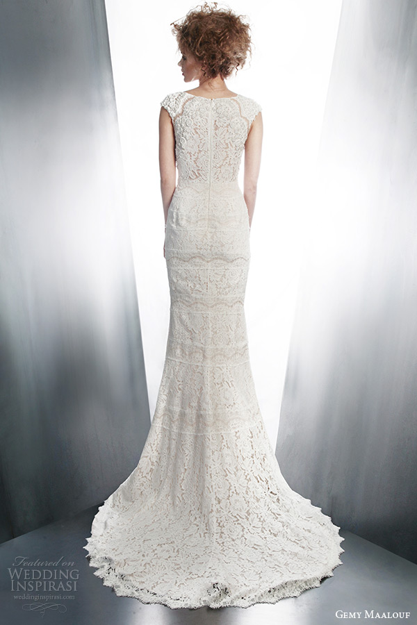 gemy maalouf bridal 2015 cap sleeve lace sheath wedding dress style 4130 back view train