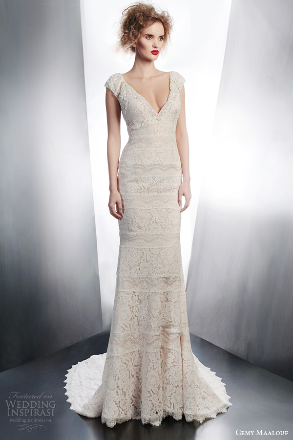 gemy maalouf bridal 2015 cap sleeve lace sheath wedding dress style 4130