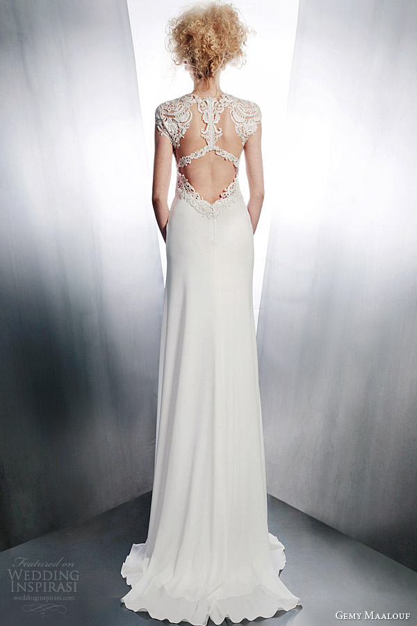 gemy maalouf bridal 2015 embellished cap sleeve wedding dress style 4181 back