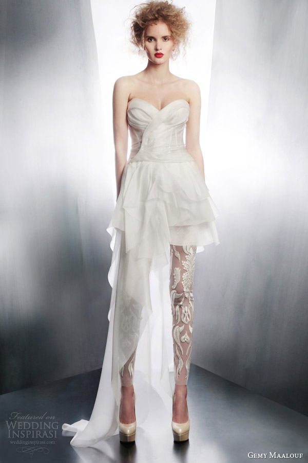 gemy maalouf bridal 2015 short to long wedding dress 4183 sheer pants 3972