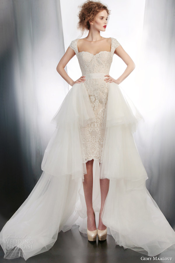 gemy maalouf bridal 2015 short wedding dress cap sleeves style 4180 4178 overskirt
