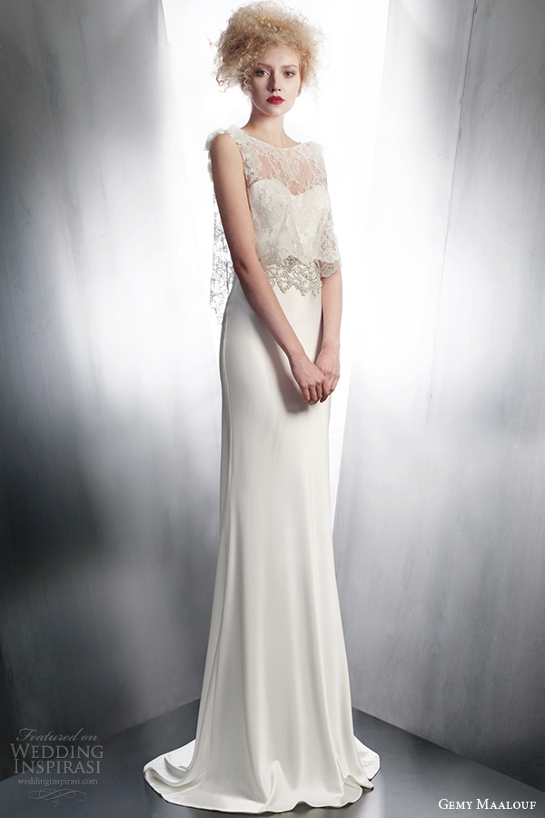 gemy maalouf bridal fall winter 2015 strapless sheath wedding dress sleeveless sheer lace top style 4141