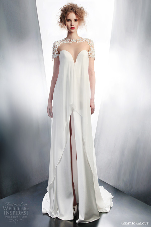 gemy maalouf bridal winter 2015 short sleeve tent wedding dress slit skirt illusion neckline 4153