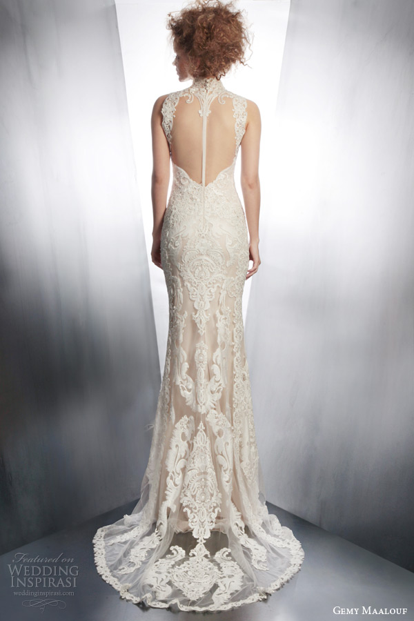 gemy maalouf bridal winter 2015 sleeveless lace wedding dress high neck illusion back view train