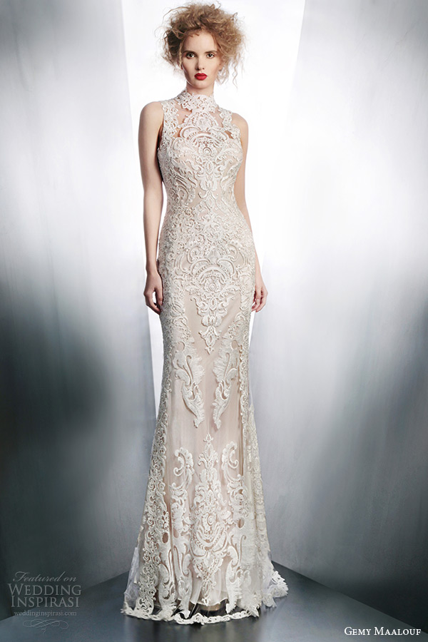 gemy maalouf bridal winter 2015 sleeveless lace wedding dress high neck illusion front