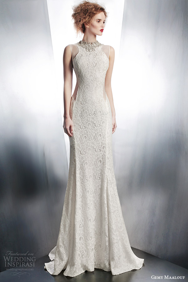 gemy maalouf bridal winter 2015 sleeveless lace wedding dress jeweled neckline style 4144