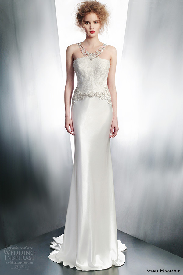 gemy maalouf bridal winter 2015 sleeveless sheath wedding dress jeweled neckline style 4148