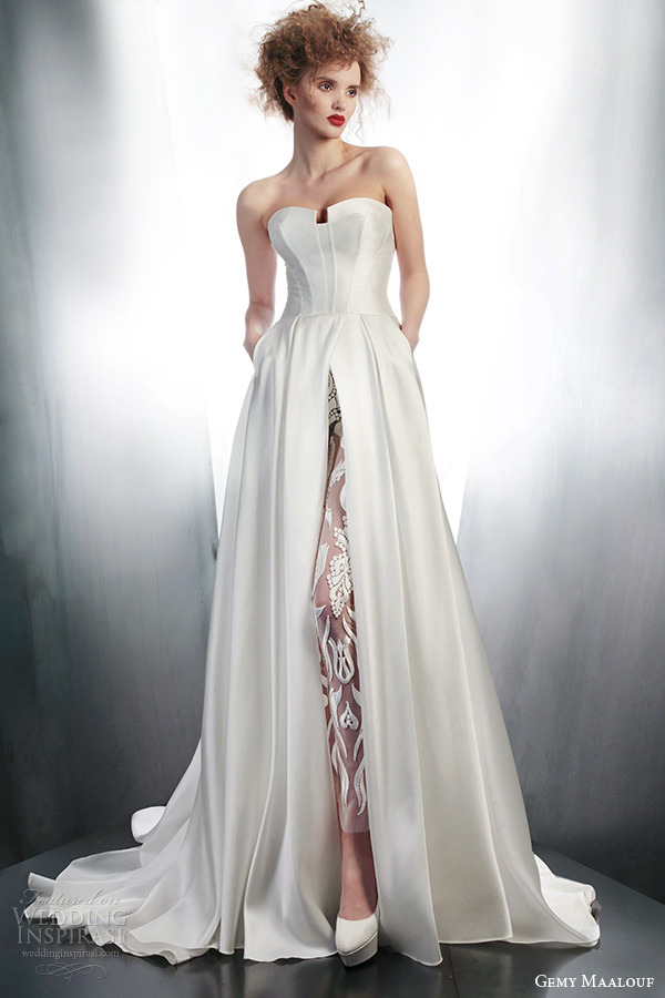 gemy maalouf bridal winter 2015 strapless wedding dress style 4145 illusion sheer lace pant 3972