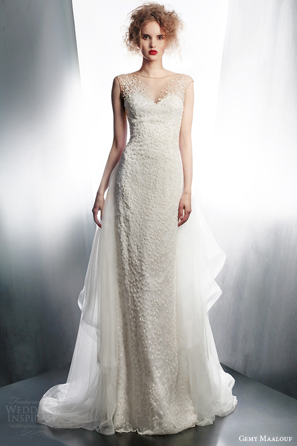 gemy maalouf couture bridal 2015 illusion cap sleeve wedding dress 3903