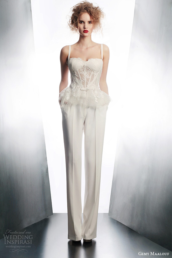 gemy maalouf couture bridal winter 2015 boned top straps style 3692 pants 4161