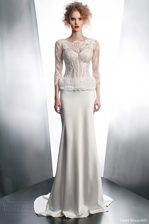 gemy maalouf wedding dresses 2015 bridal ensemble 3979 long sleeve lace top 3042 skirt