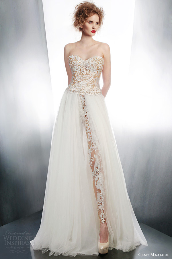 gemy maalouf wedding dresses 2015 strapless lace top pants over skirt style 4006 4152 3965