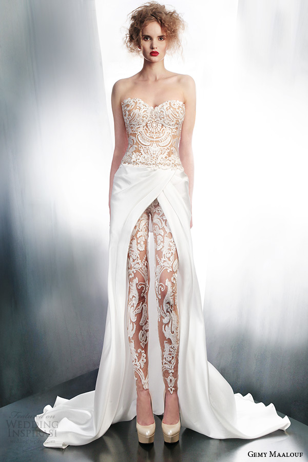 gemy maalouf wedding dresses 2015 strapless lace top pants over skirt style 4006 4179 3965
