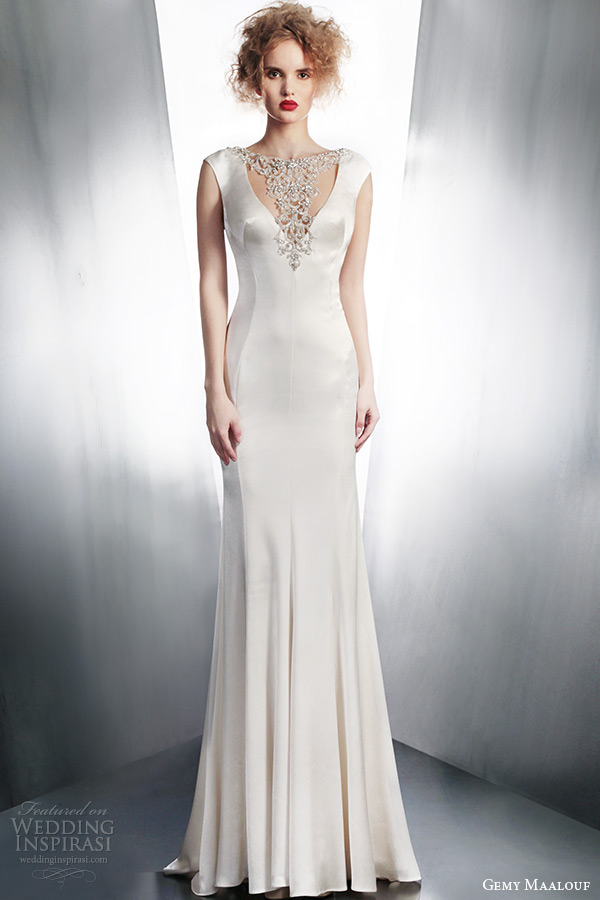 gemy maalouf winter 2015 bridal cap sleeve wedding dress with beaded neckline style 4127